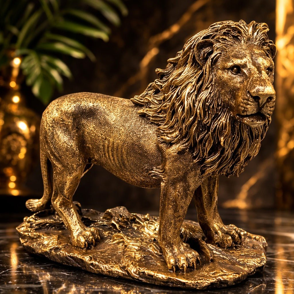Aslan Figürlü Biblo – Dekoratif Güç Simgesi | Altın, Gümüş & Bakır | 20 x 28 cm, altın kaplama, gümüş kaplama, bakır, biblo, at figürü, aslan figürü, figür, dekoratif, 20 x 28 cm – kullanım görseli – Nakkaş Payidar