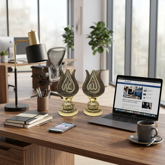 Lale Formunda Besmele & Allah-Muhammed Yazılı Biblo – Dekoratif Manevi Eser | 16 cm