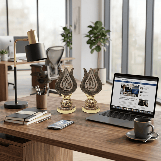 Lale Formunda Besmele & Allah-Muhammed Yazılı Biblo – Dekoratif Manevi Eser | 16 cm, biblo, at figürü, dekoratif, 16 cm – yan görünüm – Nakkaş Payidar
