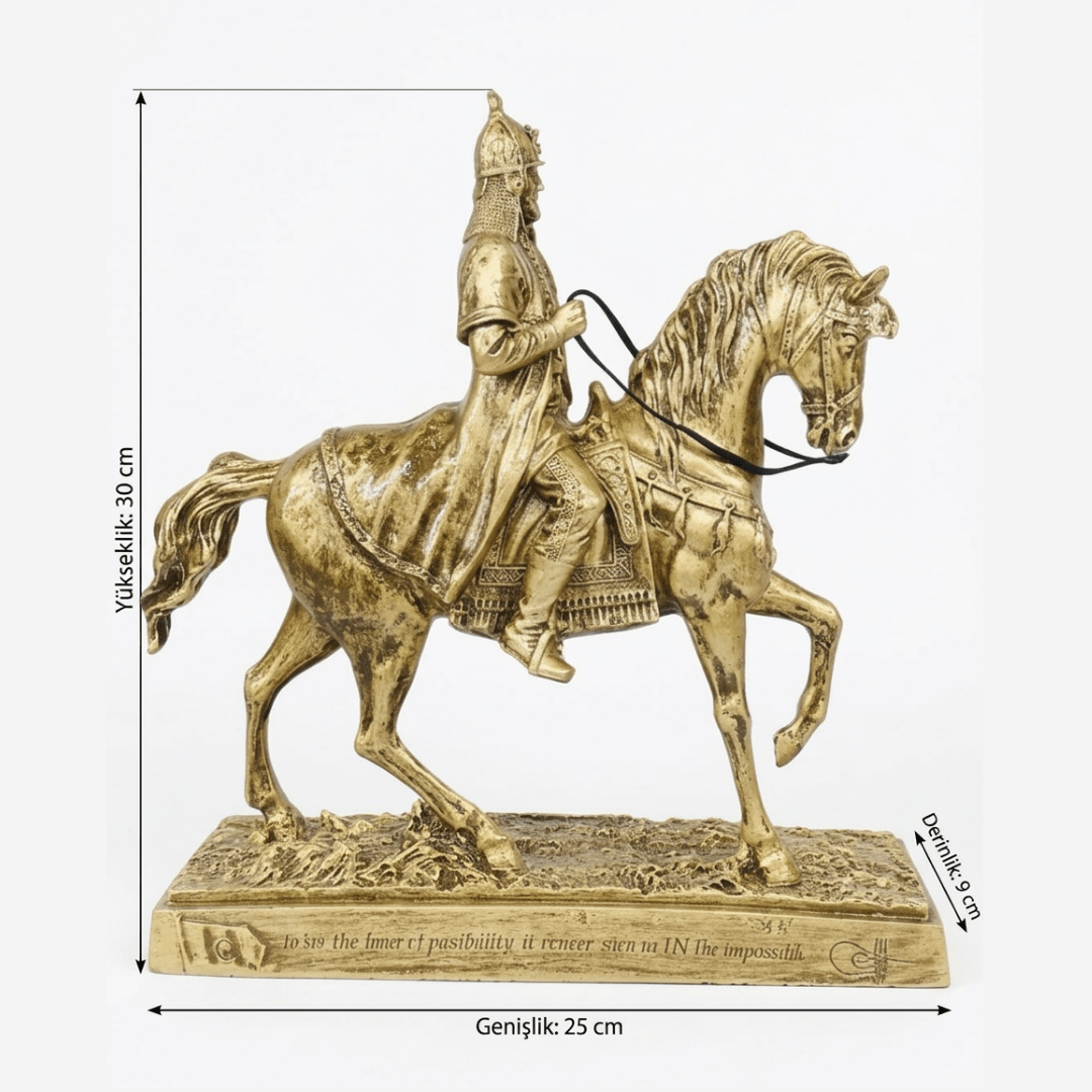 Fatih Sultan Mehmet'in At Üstündeki İhtişamlı Duruşu – Dekoratif Tarihi Heykel | Altın, Gümüş & Bakır | 30 x 25 cm, altın kaplama, gümüş kaplama, bakır, sultan figürü, heykel, at figürü, dekoratif, 30 x 25 cm – yakın plan detay – Nakkaş Payidar