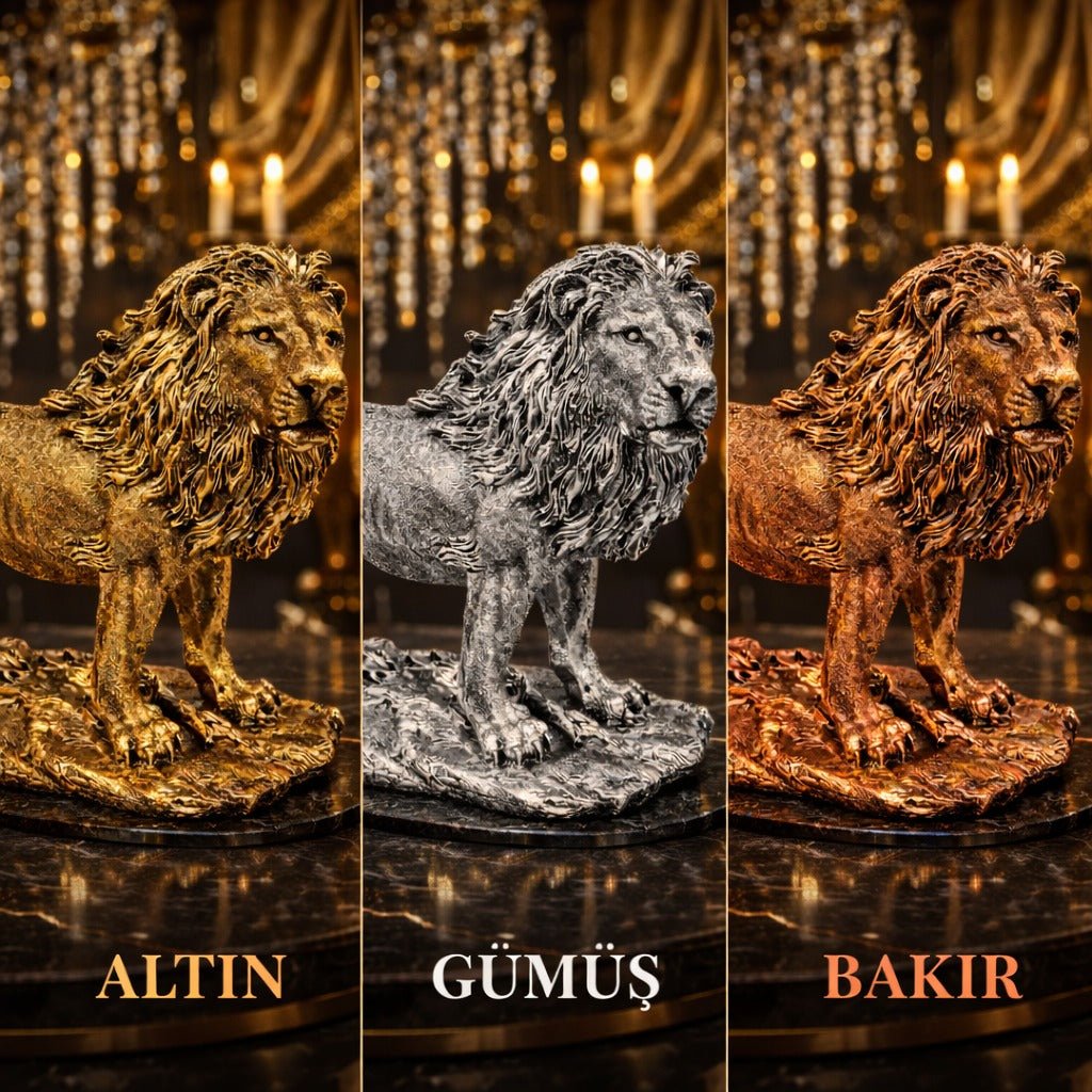 Aslan Figürlü Biblo – Dekoratif Güç Simgesi | Altın, Gümüş & Bakır | 20 x 28 cm, altın kaplama, gümüş kaplama, bakır, biblo, at figürü, aslan figürü, figür, dekoratif, 20 x 28 cm – ambalaj görünümü – Nakkaş Payidar