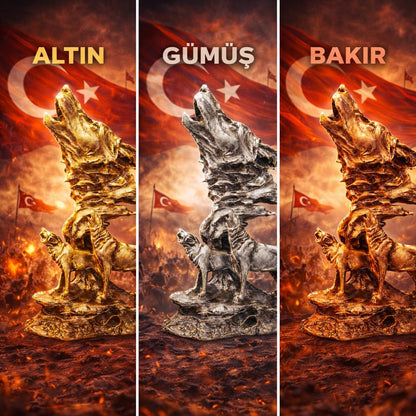 Üçlü Kurt Figürlü Biblo – Kurtlar & Kurt Başı | Dekoratif Güç Simgesi | 30 cm, biblo, at figürü, figür, dekoratif, 30 cm – ambalaj görünümü – Nakkaş Payidar