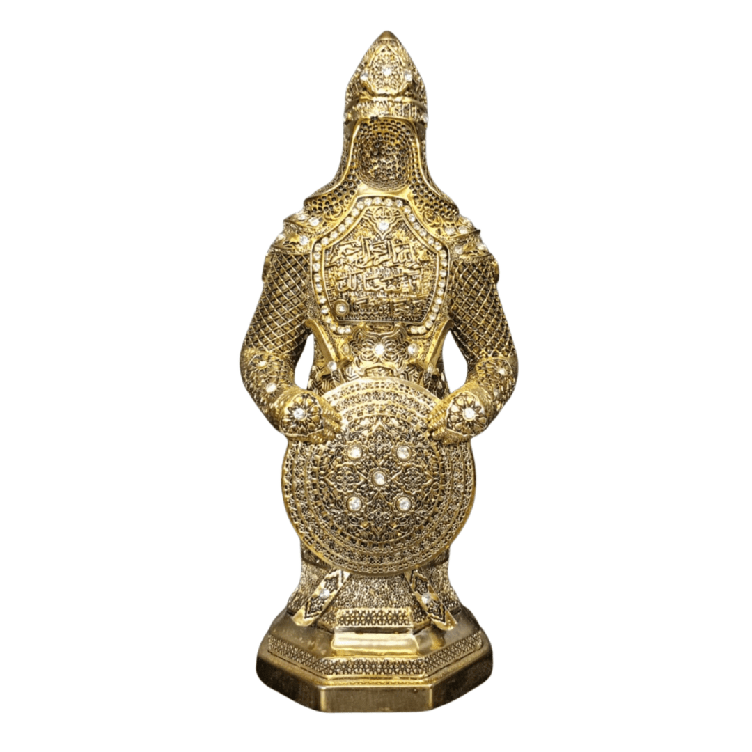 Fatih Sultan Mehmet Zırhı Biblo – Fetih Suresi & Kelime-i Tevhit Detaylı | 22 cm, sultan figürü, biblo, at figürü, 22 cm – ön görünüm – Nakkaş Payidar