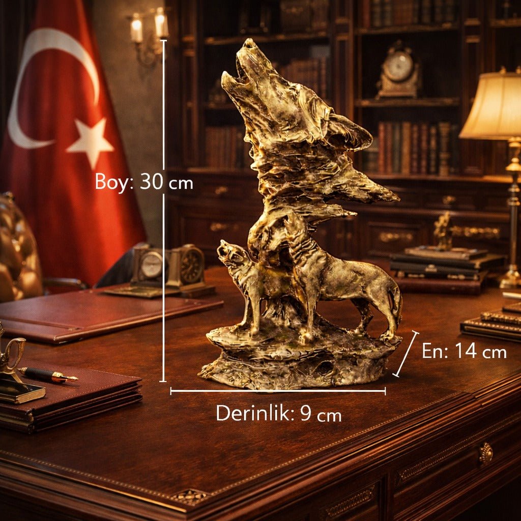 Üçlü Kurt Figürlü Biblo – Kurtlar & Kurt Başı | Dekoratif Güç Simgesi | 30 cm, biblo, at figürü, figür, dekoratif, 30 cm – yakın plan detay – Nakkaş Payidar
