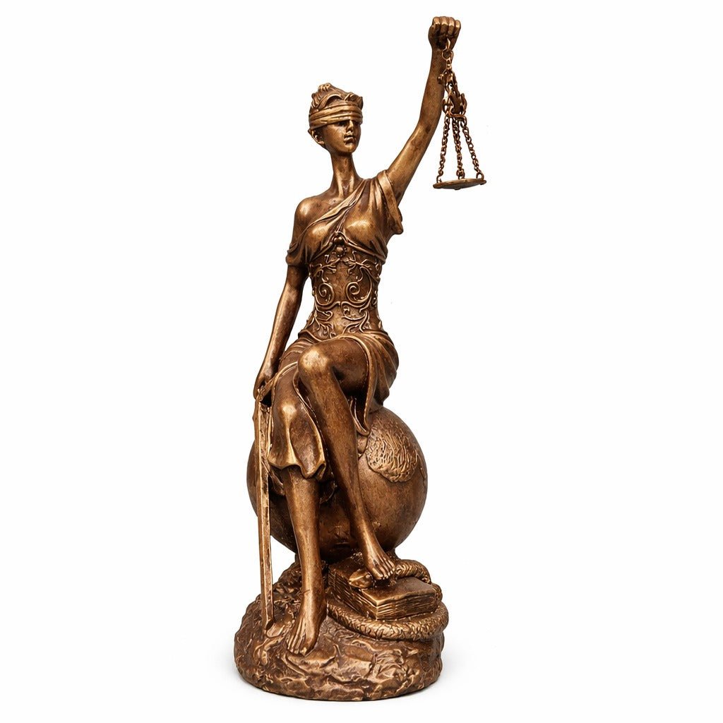 Dünya Üzerinde Adalet Figürü Biblo – Terazili Kadın | Dekoratif Güç Simgesi | 30 cm, biblo, at figürü, figür, dekoratif, 30 cm – ön görünüm – Nakkaş Payidar