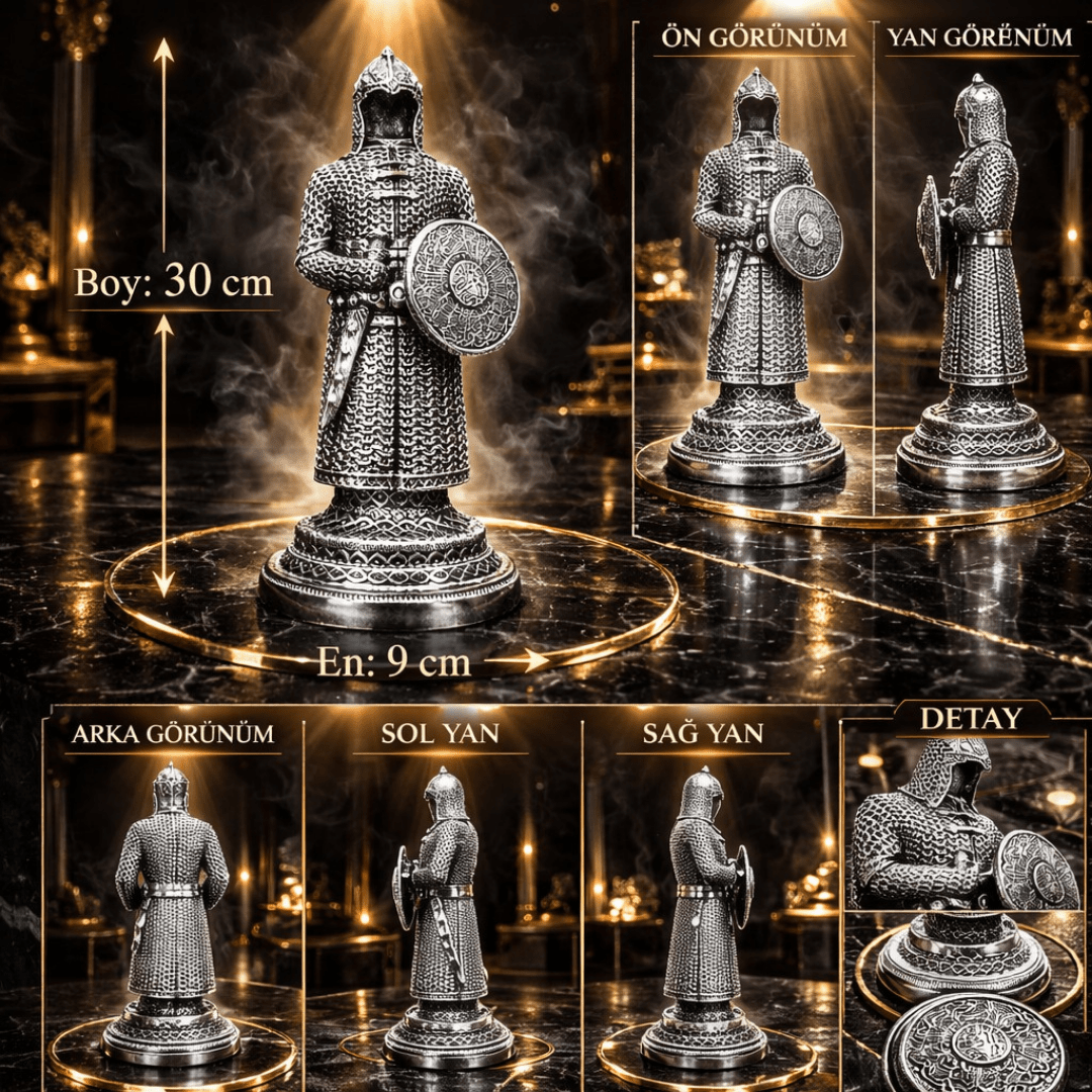 Gümüş Zırh Şövalye Biblo – Dekoratif Figür | 30 cm, gümüş kaplama, biblo, at figürü, figür, dekoratif, 30 cm – yakın plan detay – Nakkaş Payidar