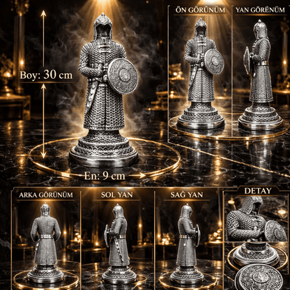 Gümüş Zırh Şövalye Biblo – Dekoratif Figür | 30 cm, gümüş kaplama, biblo, at figürü, figür, dekoratif, 30 cm – yakın plan detay – Nakkaş Payidar