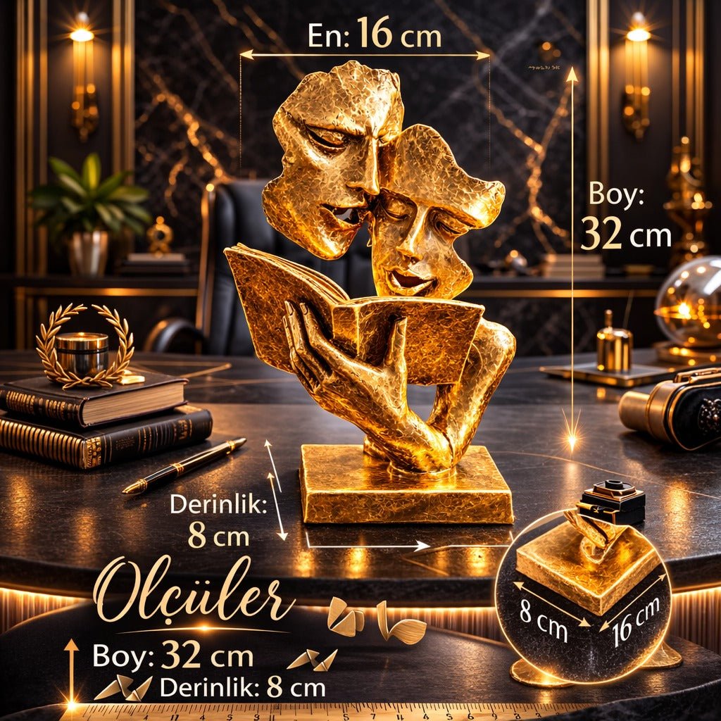Aynı Sayfayı Okuyan İki Yüz Figürlü Biblo – Dekoratif Sanatsal Eser | 32 x 16 cm, biblo, at figürü, figür, dekoratif, 32 x 16 cm – yakın plan detay – Nakkaş Payidar