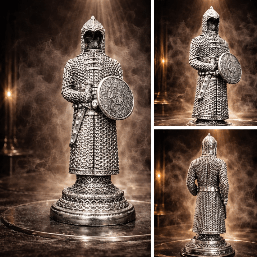 Gümüş Zırh Şövalye Biblo – Dekoratif Figür | 30 cm, gümüş kaplama, biblo, at figürü, figür, dekoratif, 30 cm – arka görünüm – Nakkaş Payidar