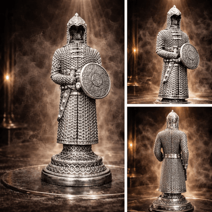Gümüş Zırh Şövalye Biblo – Dekoratif Figür | 30 cm, gümüş kaplama, biblo, at figürü, figür, dekoratif, 30 cm – arka görünüm – Nakkaş Payidar