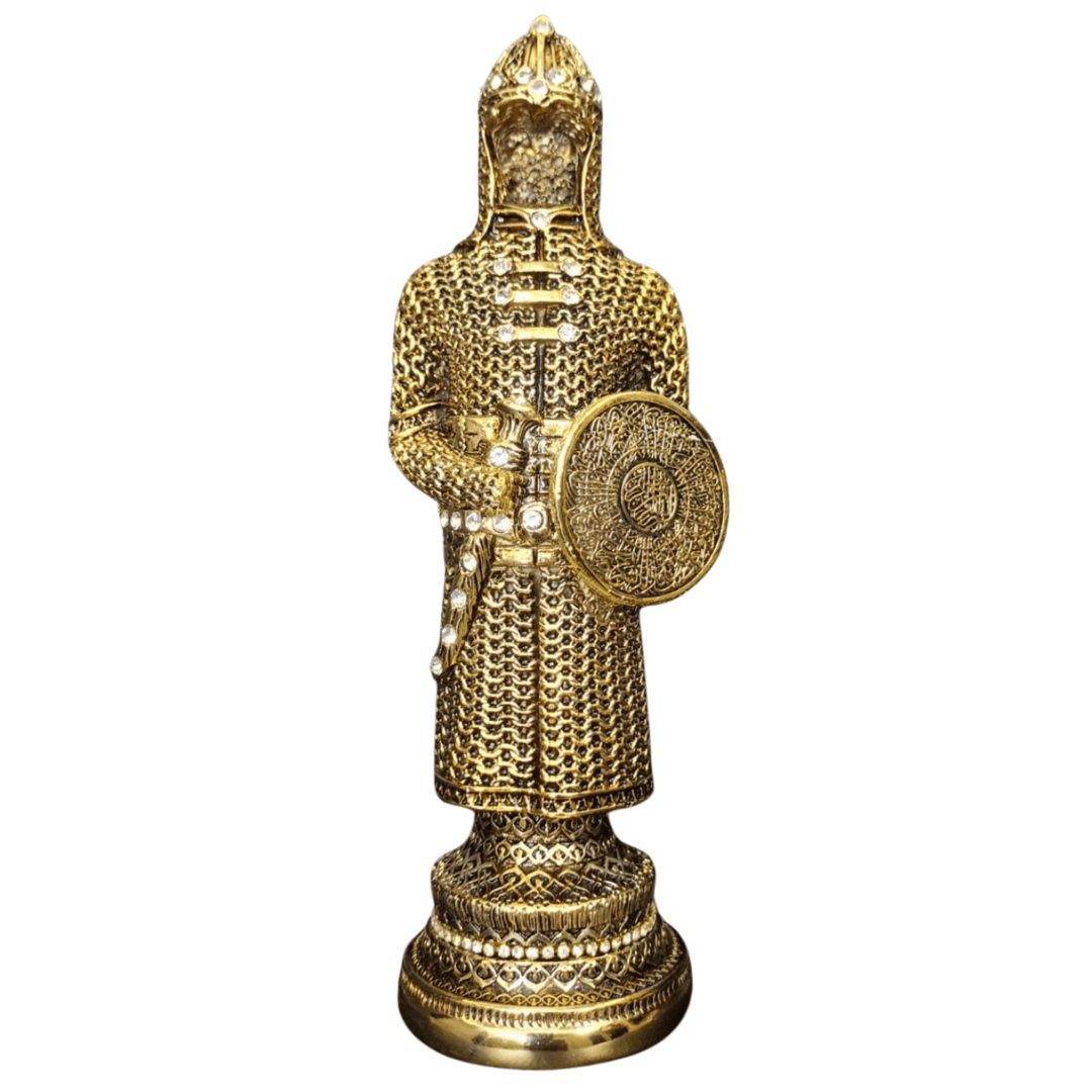 Altın Zırh Şövalye Biblo – Dekoratif Figür | 30 cm, altın kaplama, biblo, at figürü, figür, dekoratif, 30 cm – ön görünüm – Nakkaş Payidar