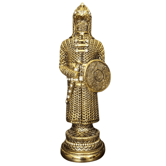 Altın Zırh Şövalye Biblo – Dekoratif Figür | 30 cm, altın kaplama, biblo, at figürü, figür, dekoratif, 30 cm – ön görünüm – Nakkaş Payidar