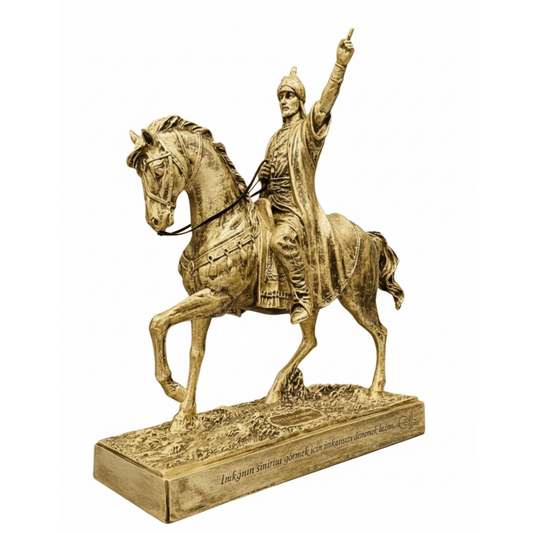 Fatih Sultan Mehmet'in At Üstündeki İhtişamlı Duruşu – Dekoratif Tarihi Heykel | Altın, Gümüş & Bakır | 30 x 25 cm, altın kaplama, gümüş kaplama, bakır, sultan figürü, heykel, at figürü, dekoratif, 30 x 25 cm – ön görünüm – Nakkaş Payidar