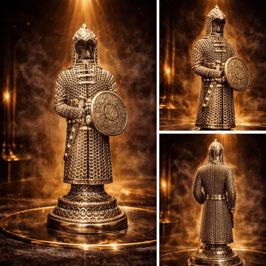 Altın Zırh Şövalye Biblo – Dekoratif Figür | 30 cm, altın kaplama, biblo, at figürü, figür, dekoratif, 30 cm – arka görünüm – Nakkaş Payidar
