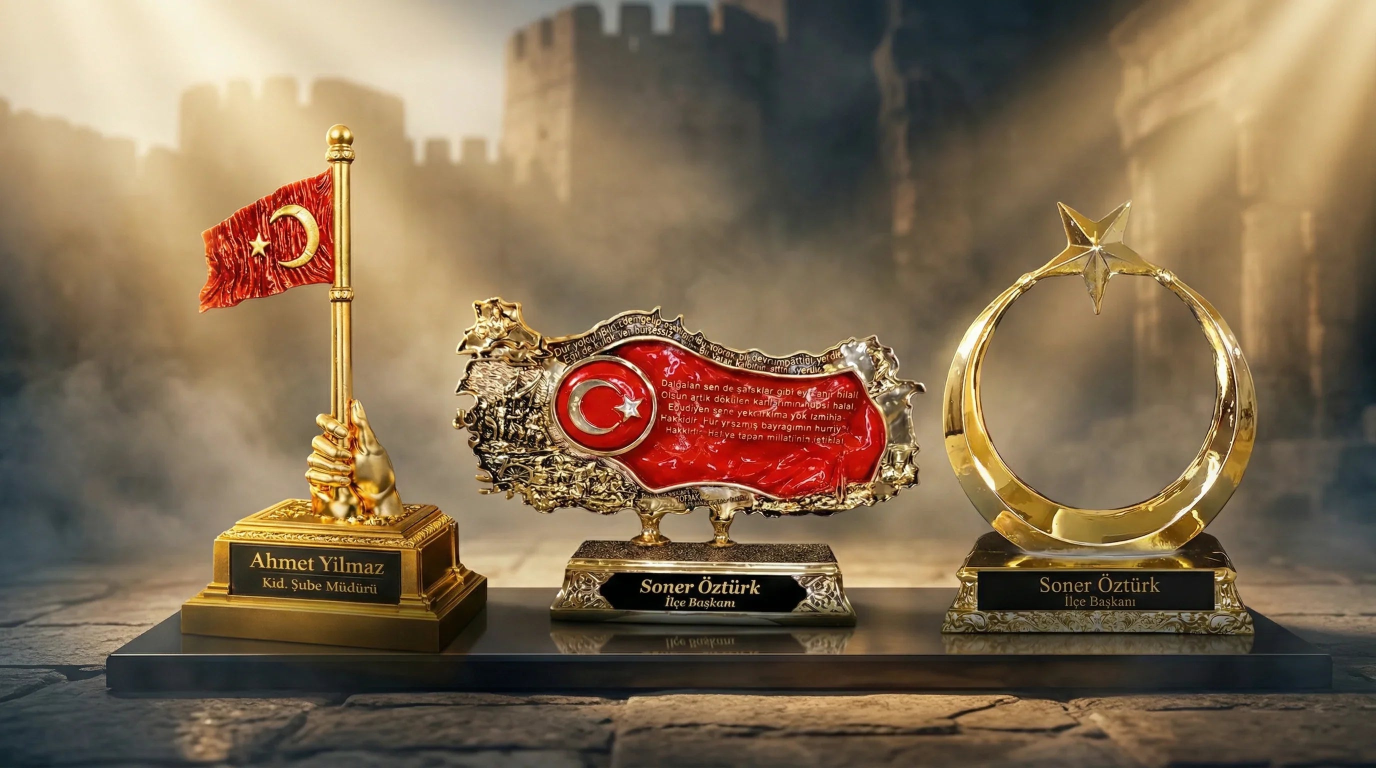 Altın renkli Türk bayrağı ödülleri, epik atmosferde, sisli ve sıcak ışıkla sergileniyor.