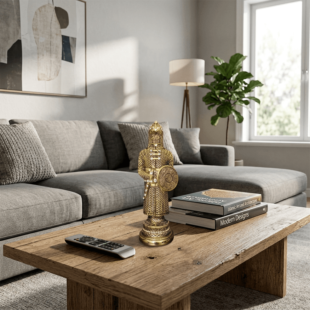 Altın Zırh Şövalye Biblo – Dekoratif Figür | 30 cm, altın kaplama, biblo, at figürü, figür, dekoratif, 30 cm – yan görünüm – Nakkaş Payidar