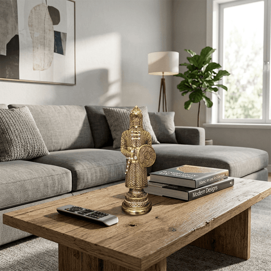 Altın Zırh Şövalye Biblo – Dekoratif Figür | 30 cm, altın kaplama, biblo, at figürü, figür, dekoratif, 30 cm – yan görünüm – Nakkaş Payidar
