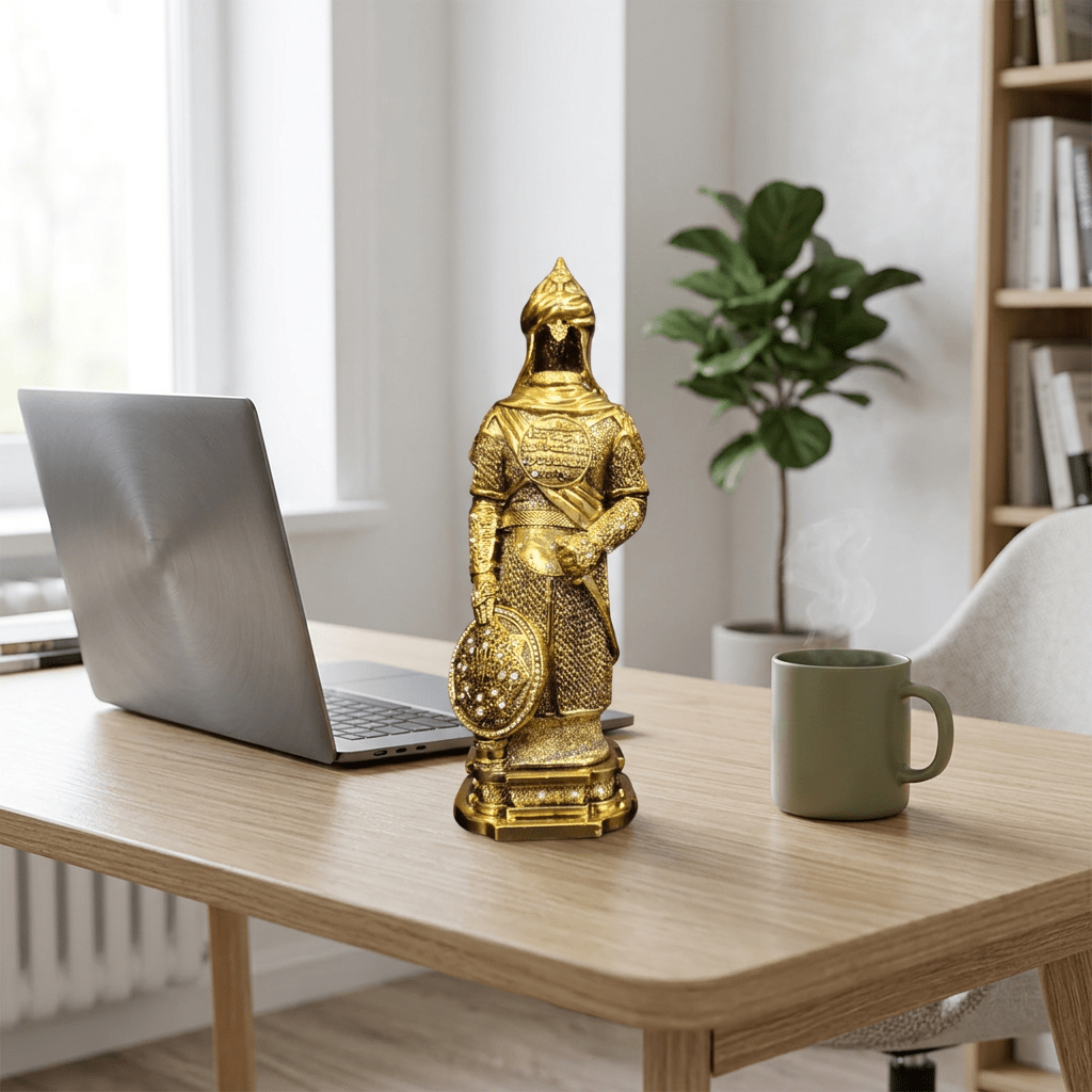 Selahattin Eyyübî Zırhı Biblo – İhlas Suresi & Kelime-i Tevhit Detaylı | 32 cm, biblo, at figürü, 32 cm – taban detayı – Nakkaş Payidar