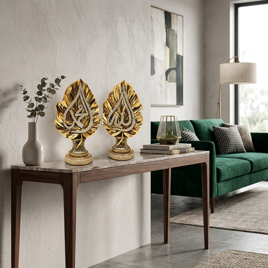 Yaprak Formunda Allah & Muhammed Yazılı Biblo – Dekoratif Manevi Eser | 28 cm