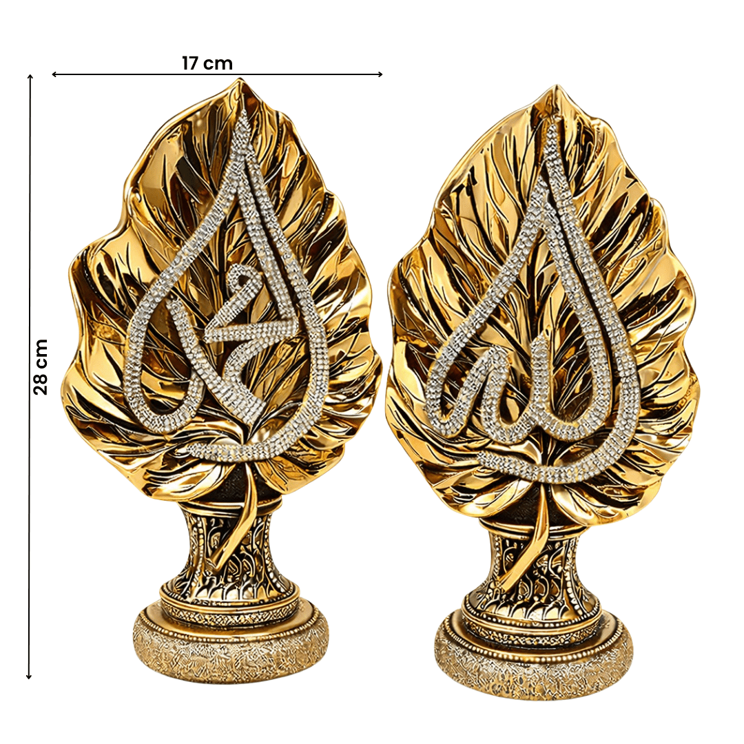 Yaprak Formunda Allah & Muhammed Yazılı Biblo – Dekoratif Manevi Eser | 28 cm, biblo, at figürü, dekoratif, 28 cm – yakın plan detay – Nakkaş Payidar